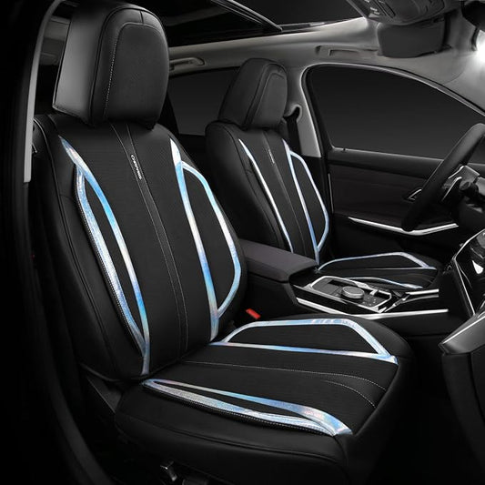 CAR PASS Nappa Leather Seat Covers, Waterproof Durable Universal fit for Women Girly SUV Truck,Anti-Slip Driver Seat Cover with Backrest, full set 5 Holographic Black Silver strips Iridescent colorful