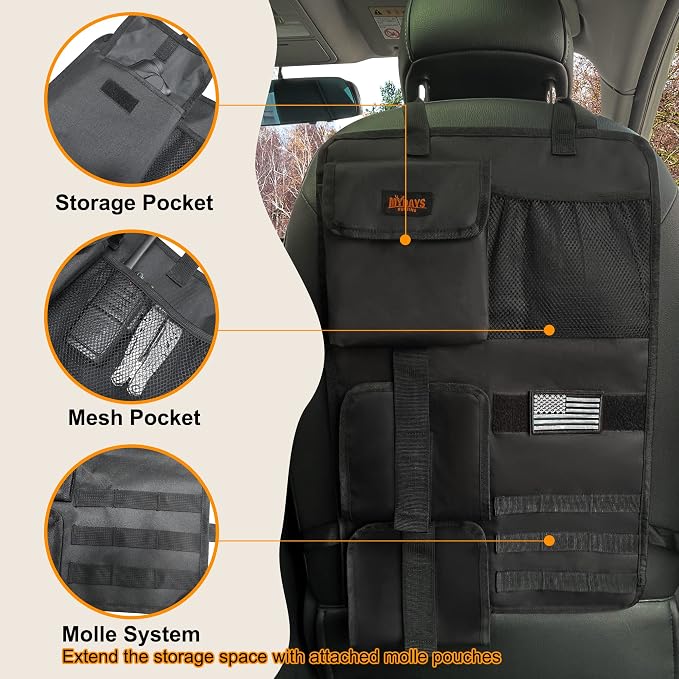 MYDAYS 2 Pack Tactical Seat Back Gun Rack, Camo Front Seat Gun Organizer with Molle Panel Vehicle Gun Holder for Hunting Rifles/Shotguns (Black)