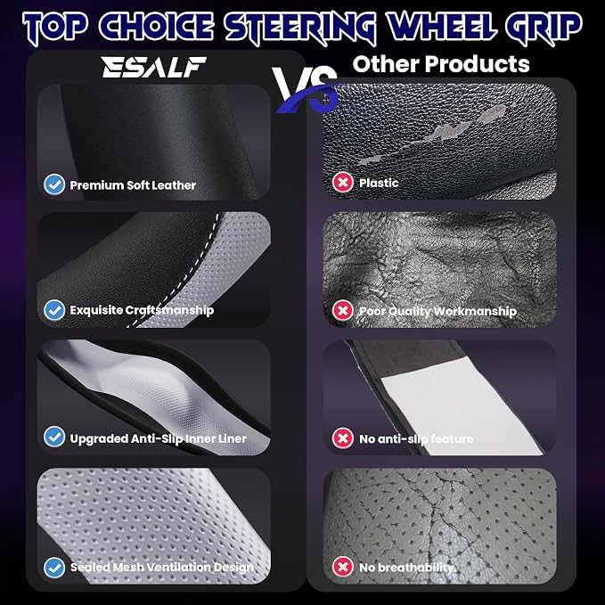 Soft Leather Steering Wheel Cover with Breathable Design and Anti-Slip Grip, Fully Compatible with Tesla, Toyota, Honda, Nissan 14.5-15.2 inch Round Steering Wheel（Sedans and SUVs）