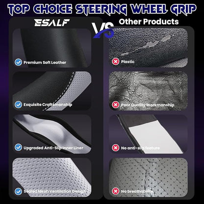 Soft Leather Steering Wheel Cover with Breathable Design and Anti-Slip Grip, Fully Compatible with Tesla, Toyota, Honda, Nissan 14.5-15.2 inch Round Steering Wheel（Sedans and SUVs）