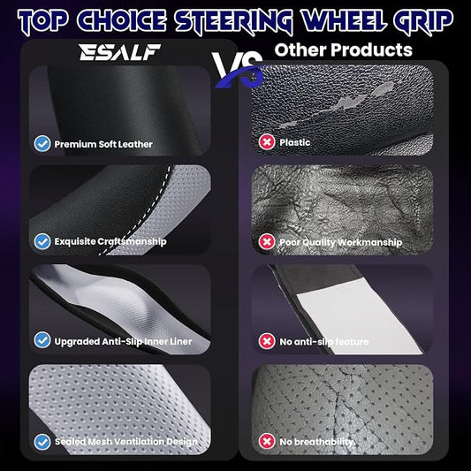 Soft Leather Steering Wheel Cover with Breathable Design and Anti-Slip Grip, Fully Compatible with Tesla, Toyota, Honda, Nissan 14.5-15.2 inch Round Steering Wheel（Sedans and SUVs）