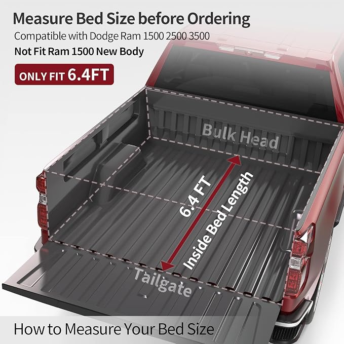OEDRO Soft Roll Up Truck Bed Tonneau Cover Compatible with Dodge Ram 1500 2002-2024 Classic Only, Fit for Dodge Ram 2500 3500 2003-2026, 6.4ft Bed w/o Ram Box