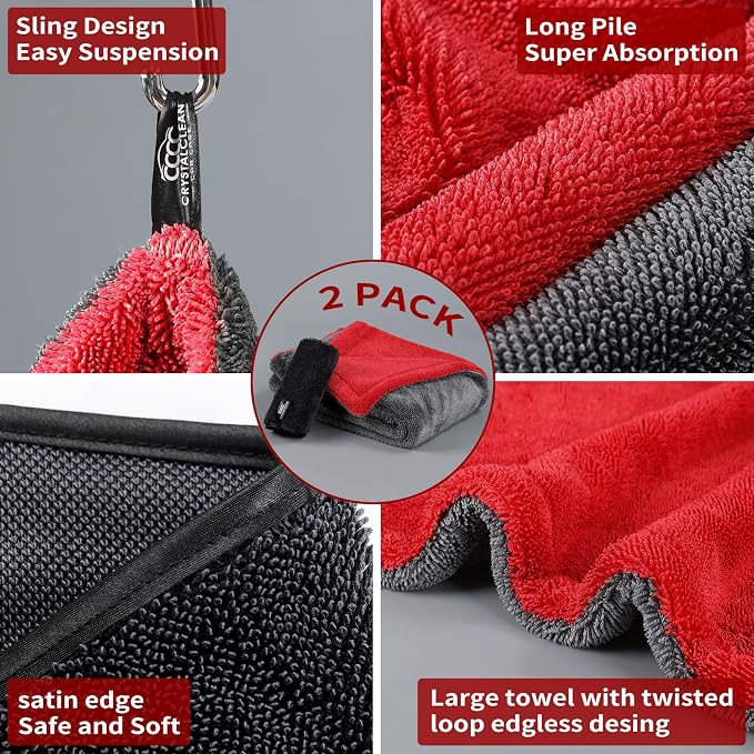 Crystal Clean 1300GSM Microfiber Towels for Cars – XL Drying Towel with Double Twisted Loop, Professional Detailing Towel Car Detailers - Quick Dry, Paint Safe & Swirl-Free (Grey+Red)