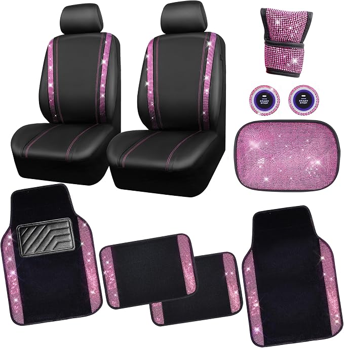 CAR PASS Bling Rhinestone Car Seat Covers Leather Shining Diamond Car Floor Mats Carpet with Anti-Slip Nibs Bling Diamonds Car Accessories Sets Pink Glitter Crystal Diamond Combo Set