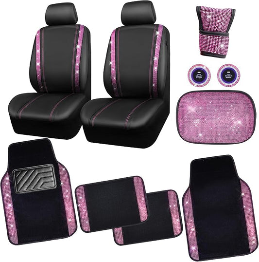 CAR PASS Bling Rhinestone Car Seat Covers Leather Shining Diamond Car Floor Mats Carpet with Anti-Slip Nibs Bling Diamonds Car Accessories Sets Pink Glitter Crystal Diamond Combo Set