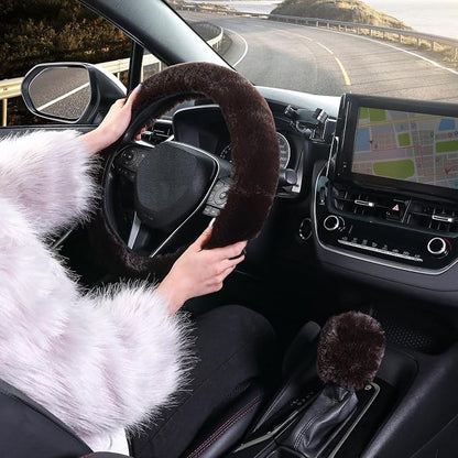 SEG Direct Furry Car Steering Wheel Cover with Gear Shift Cover, Soft and Warm, Cute Fluffy Auto Decor for Women Men, Standard Size, 2 PCS Set, Coffee Brown