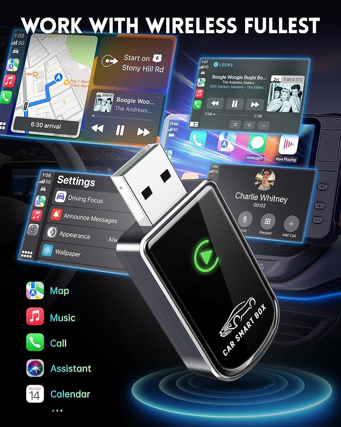 Amzfeel Wireless Carplay Adapter for Apple iPhone, Mini Bluetooth Dongle Convert Factory Wired to Wireless Car Play Plug & Play Auto Connect, Low Latency, GPS Units for Cars 2015+ (Brushed Gery)