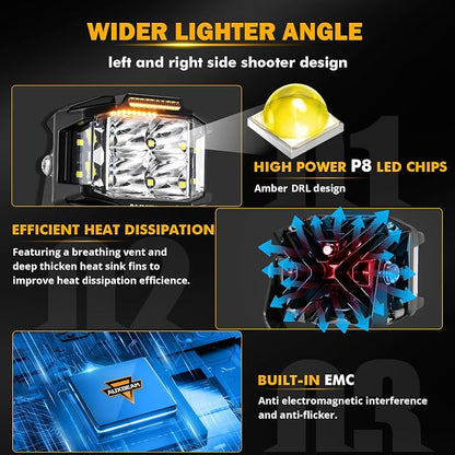 Auxbeam 4" 92W Cube LED Pod with Amber DRL, V-MAX Series Offroad Pod Lights with Side Shooter & Amber Covers, Offroad LED Cube Offroad Square Light 270°Combo Beam Auxiliary Light for Truck Jeep ATV