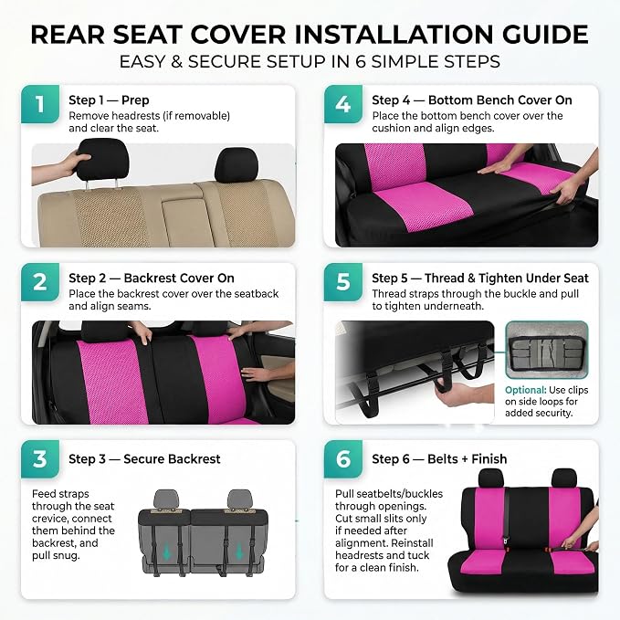FH Group Automotive Rear Car Seat Covers for SUV, Trucks, Sedan and More - Universal Fit Rear Solid Bench Design Interior Accessories - 3D Mesh Fabric Center Panel - Pink