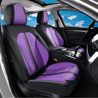 Huidasource Universal Car Seat Cover, Luxury Faux Leather Car Seat Cover Set Velcro Adjustable with Airbags, Thinning Design Perforation Cooling＆Heating Fit for Most Cars Vans Trucks SUVs Black&Purple