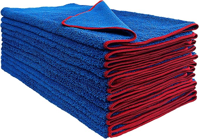 Detailer's Preference Dual Pile 400 GSM Microfiber Towels with Red Trim, All-Purpose Terry Weave Cleaning Cloths for Auto, Home, Boat, Scratch-Free & Reusable, 16x24 Inches, 12-Pack