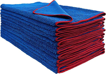 Detailer's Preference Dual Pile 400 GSM Microfiber Towels with Red Trim, All-Purpose Terry Weave Cleaning Cloths for Auto, Home, Boat, Scratch-Free & Reusable, 16x24 Inches, 12-Pack
