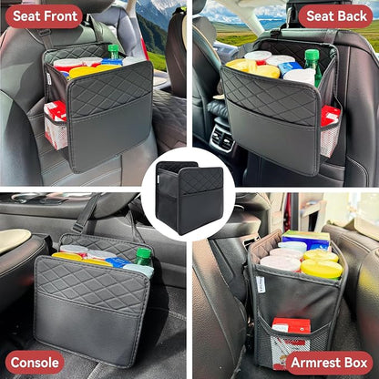 Witaxima 2 Pack Upgraded Car Seat Organizer Backseat with Storage Pockets, Multipurpose Car Organizer Hanging Car Trash Bag Premium PU Leather Garbage Can 2.14 Gallon Large Capacity Accessories Black