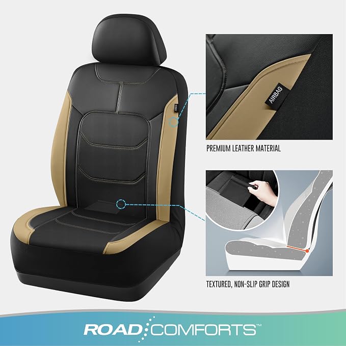 Road Comforts Seat Covers, Premium Leather Car Seat Covers Full Set,Airbag Compatible, Automotive Seat Covers Universal Fit Most Cars,Vans,Truck,SUV, Beige