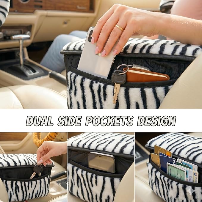 5 Pcs Fuzzy Animal Print Car Accessories Set, Soft Fluffy Plush Steering Wheel Cover, Center Console Armrest Pad & Rearview Mirror Cover - Interior Decorations for Women,Universal Fit (Zebra Print)