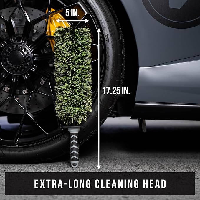 VIKING Wheel Barrel Brush, Multi-Fiber Cleaning Brush for Car Cleaning Kit and Car Detailing Kit, Clean Exhaust Tips, Wheels, and Rims; 17 Inch Length, Black and Green, 1 Pack