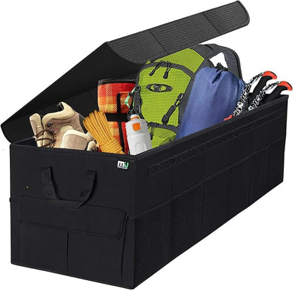 MIU COLOR Trunk Organizer with Lid, 72L Large Capacity Car Organizer, 12 Pockets with Non-Slip Bottom, Collapsible 3 Compartments Car Storage Organizer for Suv/Jeep/Sedan/Van/Grocery, Black