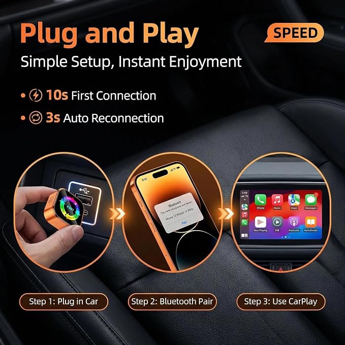 4-in-1 Wireless CarPlay Adapter with Screen Mirroring, Watch Netflix/YouTube in Car, Android Auto AirPlay Mirror Link, Plug & Play No App, Compatible with 800+ Cars iPhone Android
