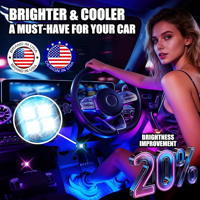 Upgraded Wireless LED Lights for Car, Rechargeable Interior Car Lights with 8 Colors Brightness Adjustable, 12H Battery Life, Remote Control, Mini Strobe Lights for Vehicle Motorcycle Bike Decor