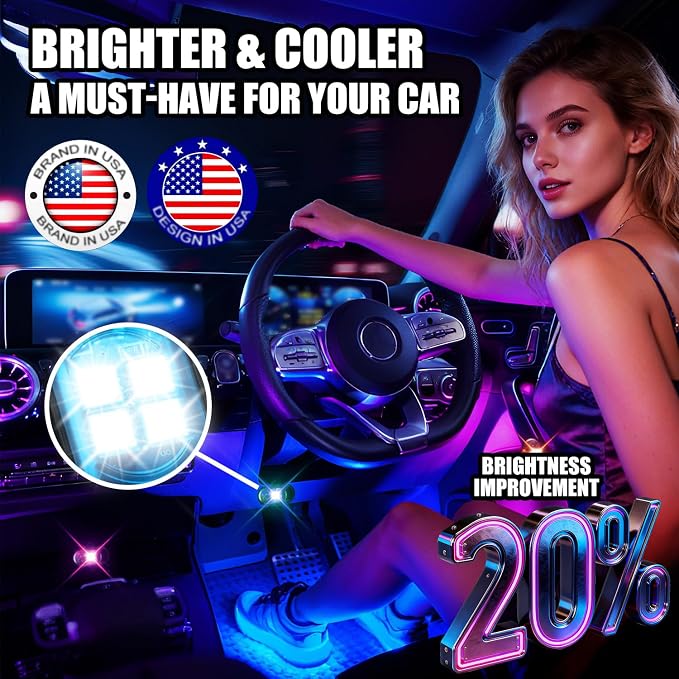Upgraded Wireless LED Lights for Car, Rechargeable Interior Car Lights with 8 Colors Brightness Adjustable, 12H Battery Life, Remote Control, Mini Strobe Lights for Vehicle Motorcycle Bike Decor