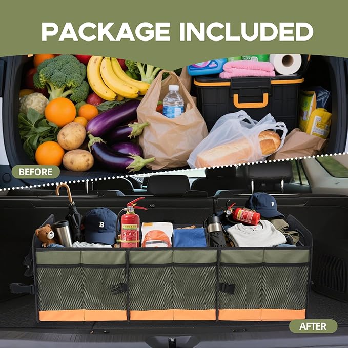 Trunk Organizer for Suv, Sturdy Storage Organization with Non-Slip Bottom Strips, 95L Large Capacity Cargo Organizer for Car, Truck, Sedan, Waterproof Portable Car Organizers for Women Men(Green)