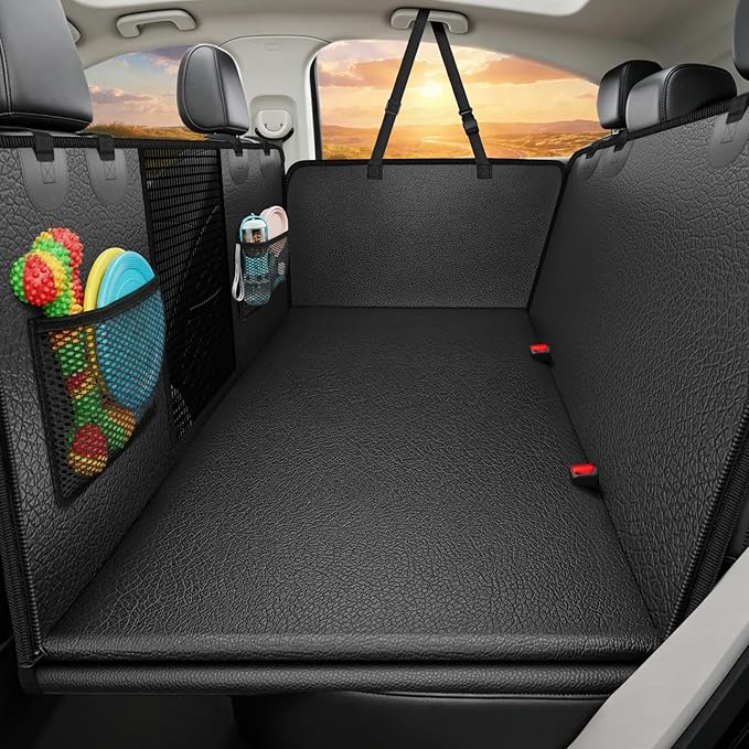 URPOWER Upgraded PU Leather Back Seat Extender for Dogs - Large Hard Bottom Dog Car Seat Cover Holds 550lbs, Waterproof Dog Hammock Pet Bed with High-Density Foam Non-Slip Backseat Protector