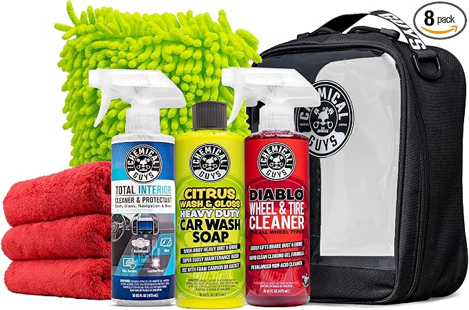 Chemical Guys Car Wash And Interior Detailing Kit With Storage Bag Car Wash Soap, Wheel Cleaner, Interior Spray, Microfiber Towels And Wash Mitt