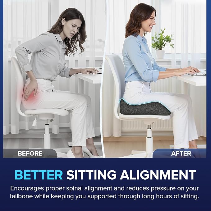 Memory Foam Seat Cushion for Chair, Tailbone Pain Relief, Ergonomic Support for Coccyx, Back & Butt, Office & Car Ergonomic Chair Cushion with Non-Slip Base and Washable Cover, Dark Gray