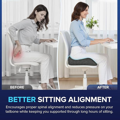 Memory Foam Seat Cushion for Chair, Tailbone Pain Relief, Ergonomic Support for Coccyx, Back & Butt, Office & Car Ergonomic Chair Cushion with Non-Slip Base and Washable Cover, Dark Gray