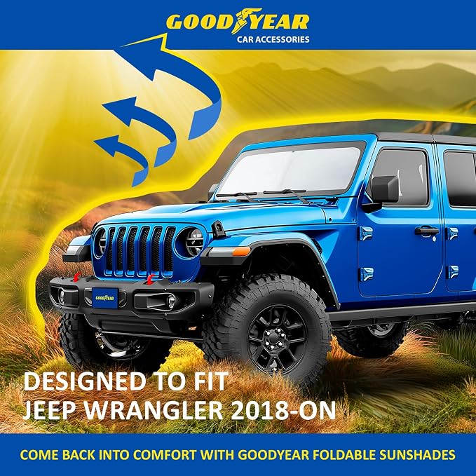 Goodyear Foldable Windshield Sunshade for Jeep Wrangler 2018-2026, SUV car Accessories, Sunshade Cover, Sun Shade Car Windshield, Window Sun Blocker - GY008210
