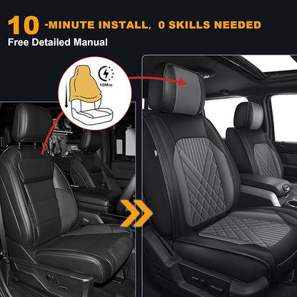 IKABEVEM for Ford F150 2009-2024 2025 2026 Seat Covers & F250 F350 F450 2017-2025 2026 Seat Cushion Cover with Faux Leather(Full Set,Black&Grey)