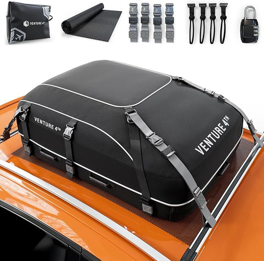 VENTURE 4TH Car Rooftop Cargo Carrier – 21 Cubic Feet Soft-Shell Waterproof Roof Bag with 10 Heavy-Duty Compression & Tie-Down Straps, Anti-Slip Mat & Door Hooks – Fits Cars with or Without Roof Rack