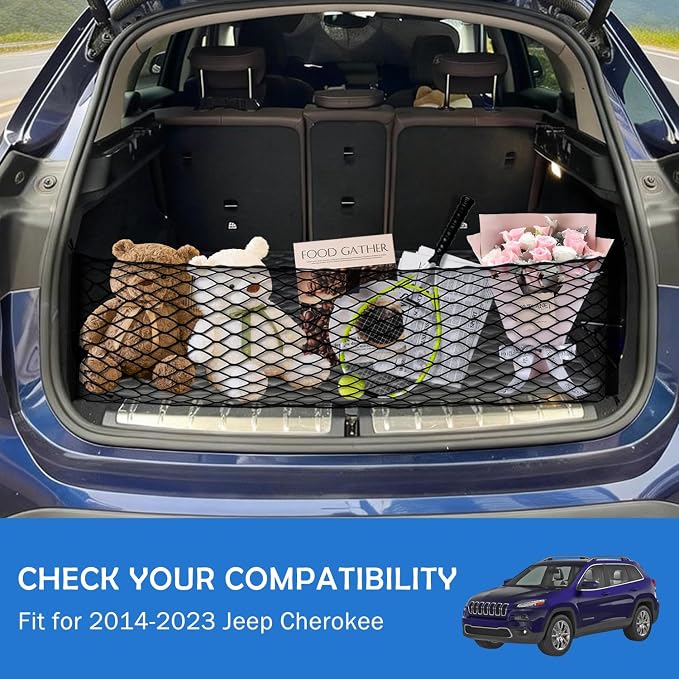 Envelope Style Cargo Net for 2014-2022 2023 Jeep Cherokee Accessories, Rear Trunk SUV Mesh Cargo Net, Upgraded 5mm Bungee & Double-Layer Nylon Storage Tailgate Netting Grocery&Tools Holder Organizer