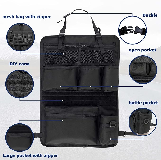 Backseat Car Organizer,Tactical Car Seat Back Organizer, Kick Mats Back Seat Protector with Three Zippered Storage pockets, Travel Accessories with 8 Storage Pockets And DIY zone (Black)