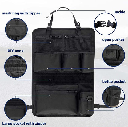 Backseat Car Organizer,Tactical Car Seat Back Organizer, Kick Mats Back Seat Protector with Three Zippered Storage pockets, Travel Accessories with 8 Storage Pockets And DIY zone (Black)