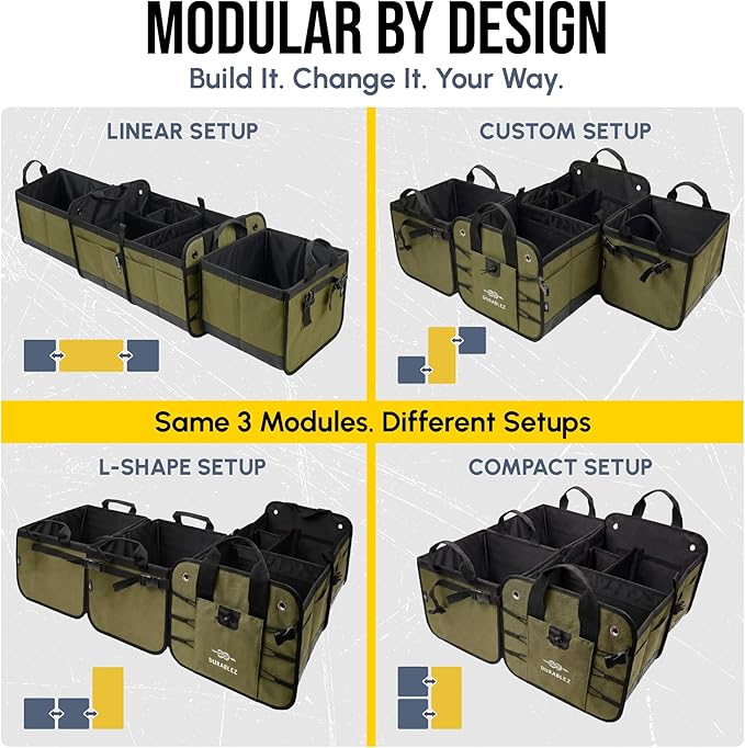 4-Section Extra Large Trunk Organizer – Heavy Duty 1680D, Collapsible & Foldable Cargo Organizer, Modular Multi-Shape Storage System for SUVs, Trucks, Vans – Green