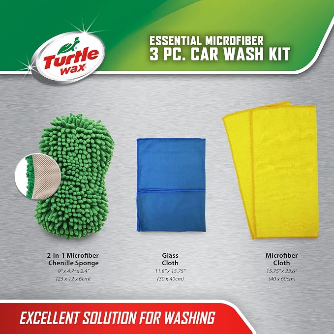 Turtle Wax 3-Piece Essential Microfiber car wash kit with Sponge, Glass Cloth, and Drying Cloth