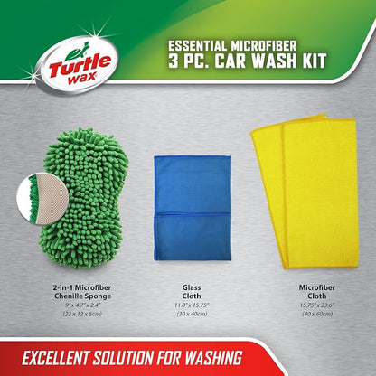 Turtle Wax 3-Piece Essential Microfiber car wash kit with Sponge, Glass Cloth, and Drying Cloth