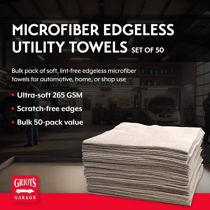 Griot's Garage Microfiber Edgeless Utility Towels for Car Cleaning and Detailing, Lint-Free, Ultra-Absorbent Wash Cloths, 12" x 12", Pack of 50, Grey, 14331