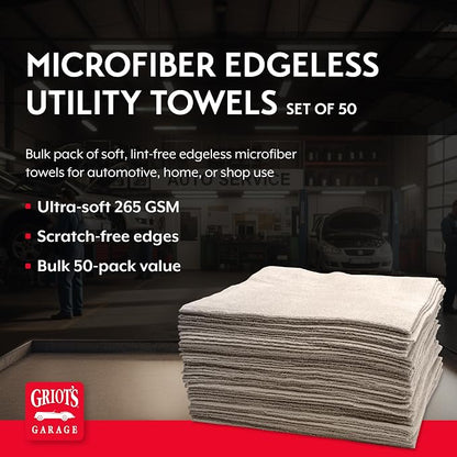Griot's Garage Microfiber Edgeless Utility Towels for Car Cleaning and Detailing, Lint-Free, Ultra-Absorbent Wash Cloths, 12" x 12", Pack of 50, Grey, 14331