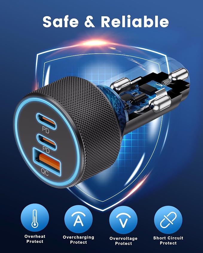 Car Charger USB C, 3-Port 67W Dual USB-C & USB-A Car Phone Charger Accessories Power Adapter Fast Charging Cigarette Lighter for iPhone 17/16/15/14/13/12/11 Pro Max, iPad, Galaxy S26/S25/S24, Android