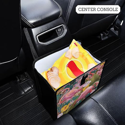 Car Trash Can Organizer Bin with Adjustable Strap for Back Front Seat Console Waterproof Leakproof Collapsible Portable 11 Inch Pink Romantic Tropical Flamingo and Plants