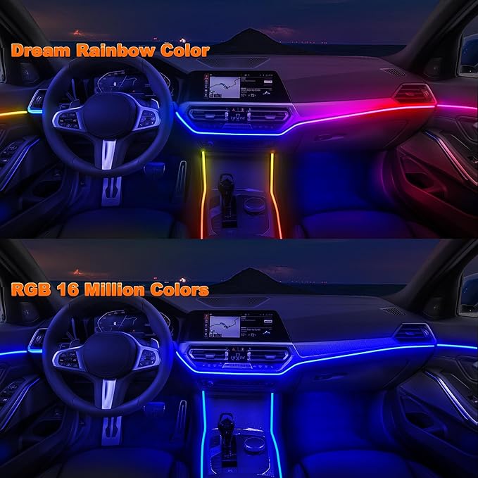Jushope Car LED Strip Lights, Interior Acrylic LED Lights for Car with Dynamic Rainbow Dream Color Chasing, Ambient Lighting Kits Music Sync (8 in 1(6 * 29.5+43.3+14.5 inches))
