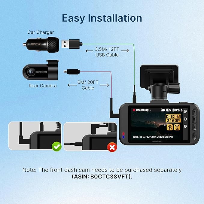 Miofive in-Car Rear Camera for Miofive S1/S1 Pro/S1 Ultra Series Dash Cam, 4K/2160P Backup Camera with Cable and 360° Rotation