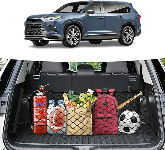 Canvcle Trunk Cargo Net for 2024-2025 2026 Toyota Grand Highlander Accessories Envelope Style Mesh Trunk Net Organizer and Storage Stretchable Adjustable Elastic Nylon Rear Cargo Netting with Hooks