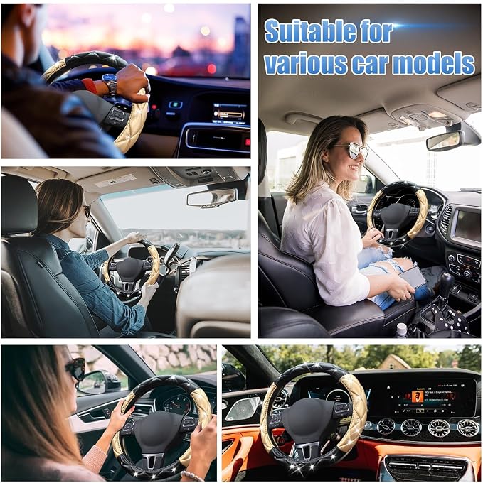 SuperKaKa Black and Gold Steering Wheel Cover, Auto Cute Diamond Bling Soft Comfort Leather Car Interior Accessories Protector Sparkly Fit Most O-Shaped Steering Wheels