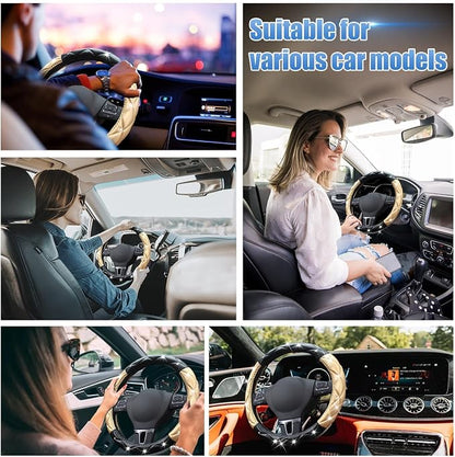 SuperKaKa Black and Gold Steering Wheel Cover, Auto Cute Diamond Bling Soft Comfort Leather Car Interior Accessories Protector Sparkly Fit Most O-Shaped Steering Wheels