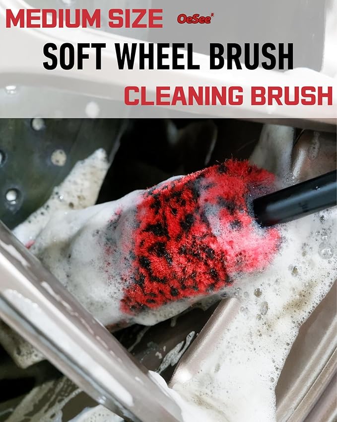 oesee Professional 4 Pack Long Handle Wheel Brush Kit for Cleaning Wheel and Tire- 2X Soft Wheel Cleaning Brush, Detailing Brush and Stiff Tire Brush, Bendable& Durable Wheel Rim Cleaner Brush Set