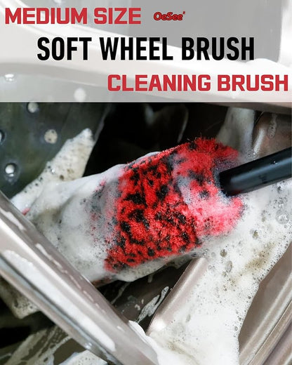 oesee Professional 4 Pack Long Handle Wheel Brush Kit for Cleaning Wheel and Tire- 2X Soft Wheel Cleaning Brush, Detailing Brush and Stiff Tire Brush, Bendable& Durable Wheel Rim Cleaner Brush Set