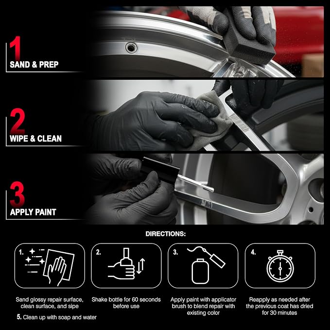 Custom Shop Silver Black Rim Touch Up Paint Kit - Wheel Paint Curb Rash Repair Scratches, Chips - 3 Colors Gloss Black, Matte Black, Silver - Automotive Car Rim Paint Touch Up Pen for Metal
